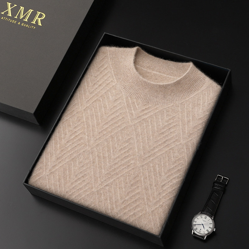 New products semi-high neckline cashmere sweatshirt male 100 pure cashmere youth jacquard knit-weaters winter warm-to-bottom sweaters