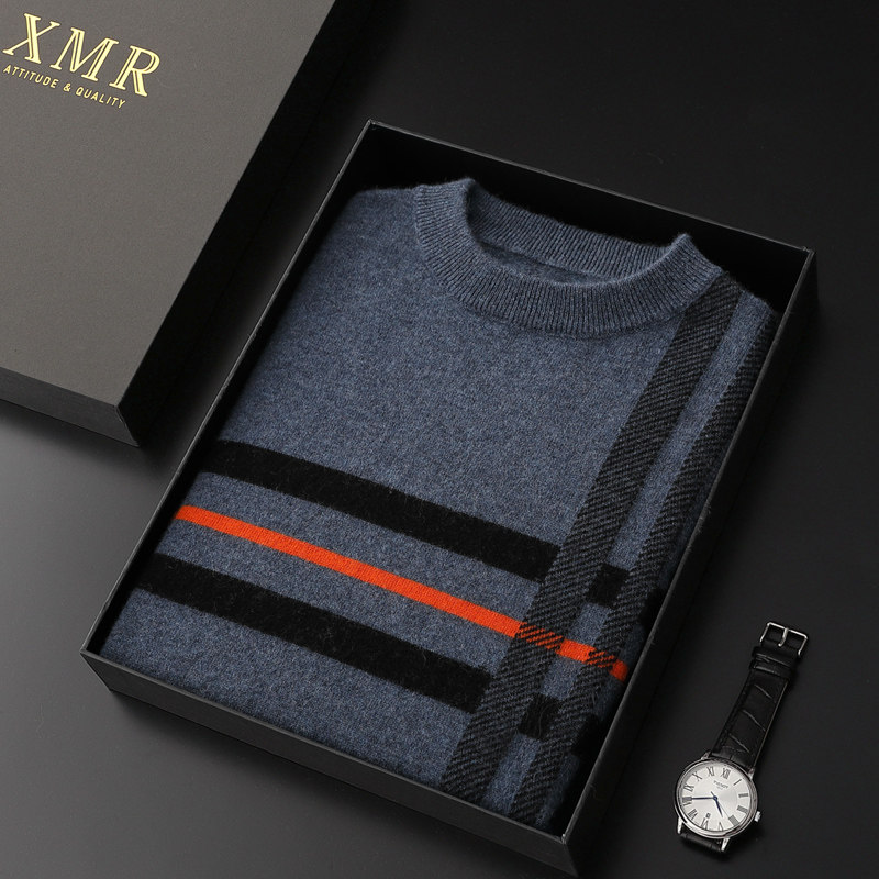 Fashion blue cashmere sweatshirt male 100 pure cashmere semi-high collar casual knitwear soft glutinous sweater Mountain cashmere undershirt