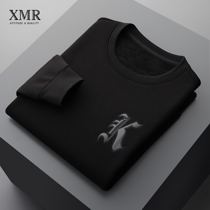 Advanced senses men's plus suede cardigan undershirt round collar thickened long sleeve T-shirt black autumn dress blouse male tide