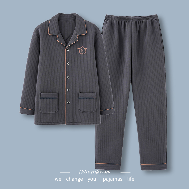 Langsha Air Cotton Pajamas for Men, Autumn and Winter, Pure Cotton, Thickened, Layered, Long-Sleeved, Large Size, Thin Quilted Home Wear Set