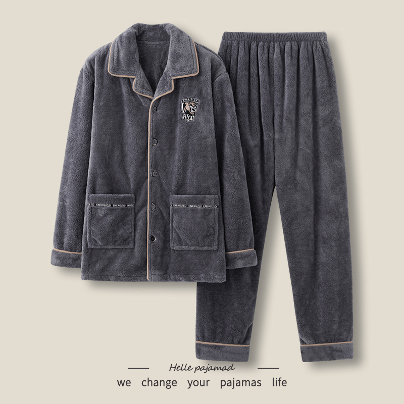 Langsha Men's Pajamas Autumn and Winter Coral Fleece Thickened Flannel Winter Men's Cardigan Home Wear Set