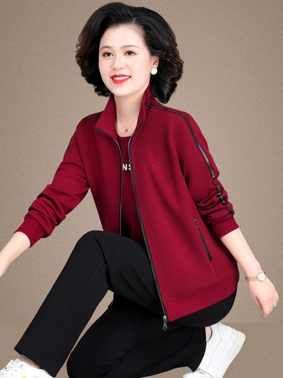 Mom's Autumn Jacket, Middle-Aged Women's Casual Sportswear, Middle-Aged and Elderly Spring and Autumn Large Size Tops, Three-Piece Sports Suit