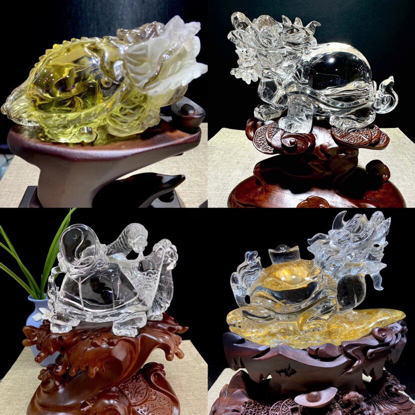 龙龟摆件天然白黄水晶雕刻龙头龟壶玄武乌龟长寿龟貔貅麒麟一对真-淘宝