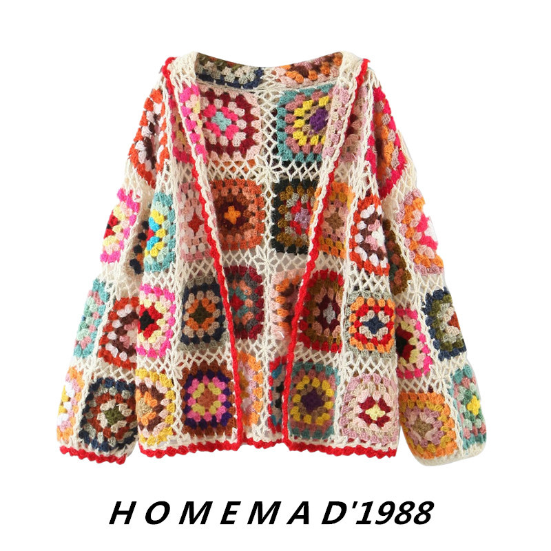 1988 Women's New Autumn and Winter Ethnic Style Fully Handmade Heavy Embroidery Hooded Rainbow Knitted Cardigan Sweater