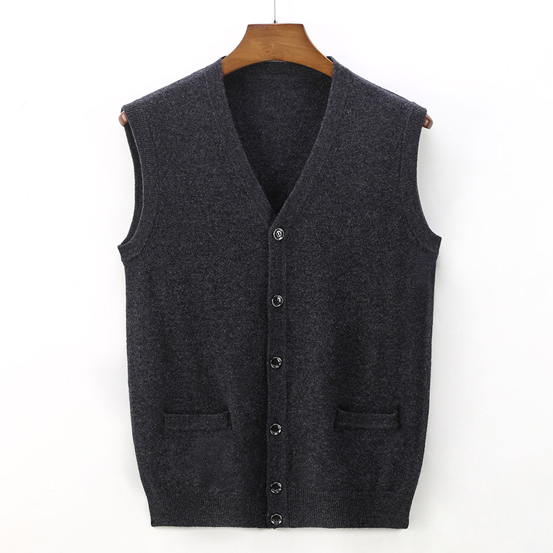 Middle Aged Men's V Collar Pure Wool Vest Autumn Winter Casual Pure Color Sleeve Hooded Sweatshirt Daddy Matchia Warm