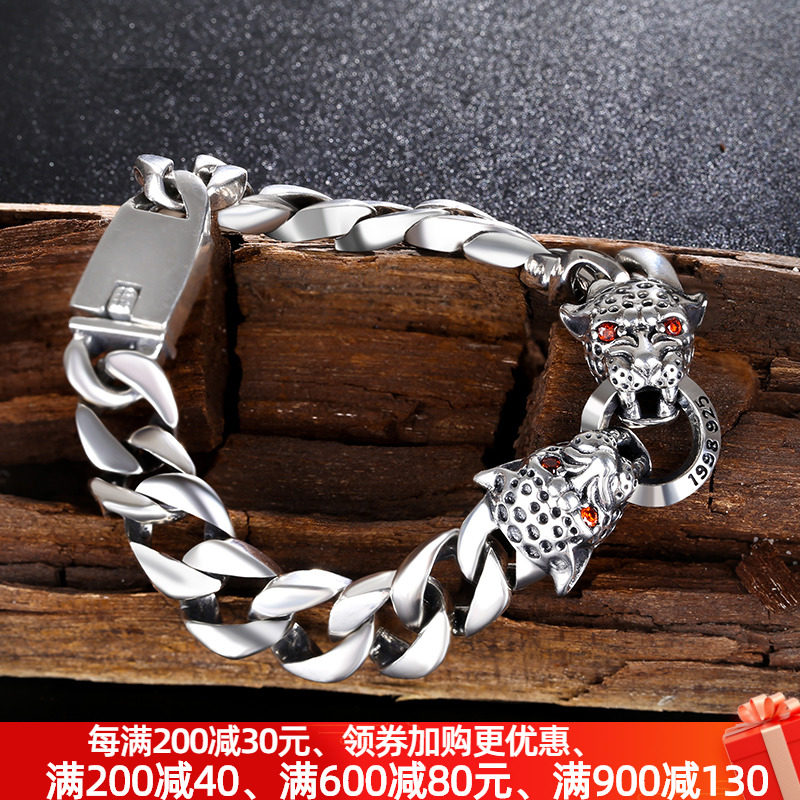 Double leopard head men's hand sterling silver jewelry Korean version of domineering wild European and American retro personality trendy men's simple personality trend