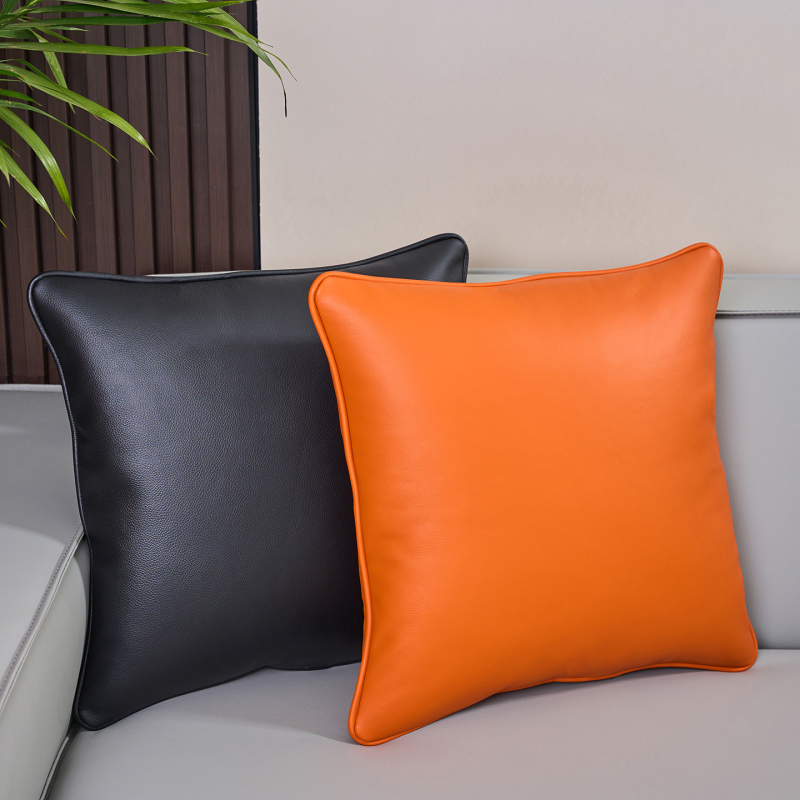 Genuine Leather Pillow Lumbar Pillow Living Room Sofa Large Cushion Orange Black Office Soft Cushion Lumbar Support Cowhide Back Cushion
