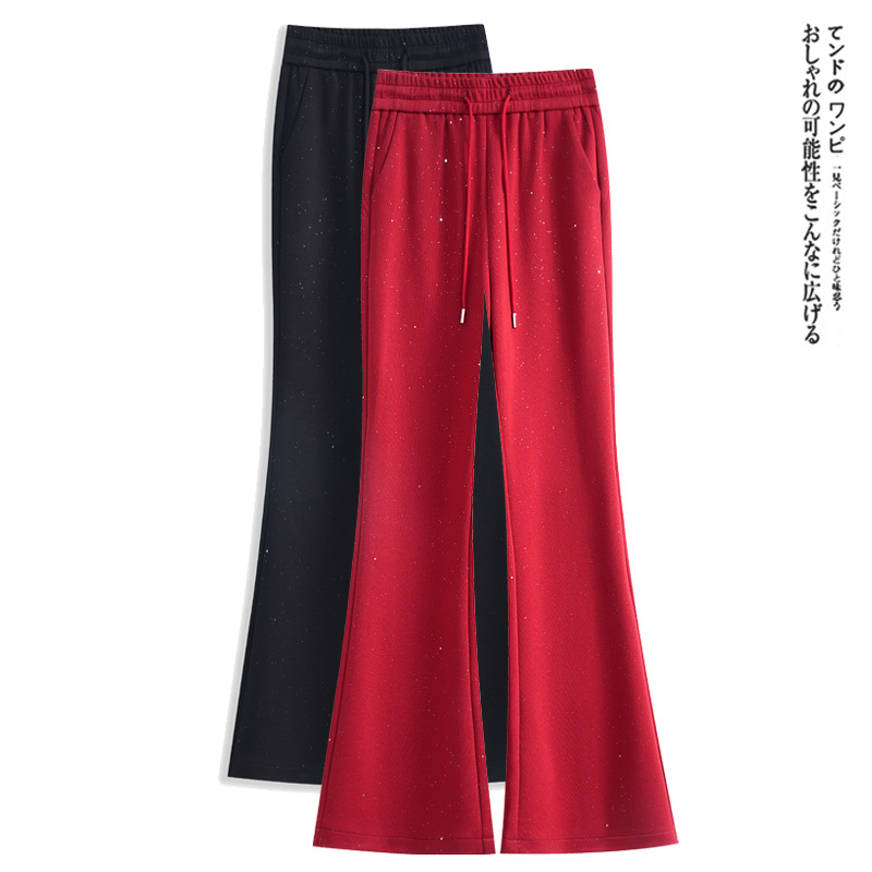 Black Shiny Casual Straight-Leg Flared Pants, New Spring/Summer Style, Elastic High-Waist, Plus-Size, Slimming Sequin Bell-Bottom Pants