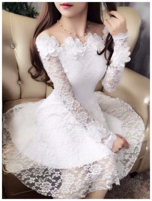 Hoa mùa xuân và mùa thu mới ba chiều hoa từ cổ áo mỏng giảm béo ren váy một từ ngọt công chúa váy nữ