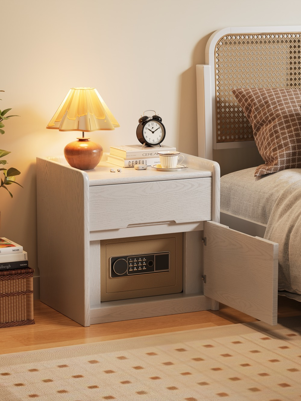 Solid Wood Bedside Table Safe Integrated Home Bedroom Simple Bedside Cabinet Multi-Functional Safe with Fingerprint Password