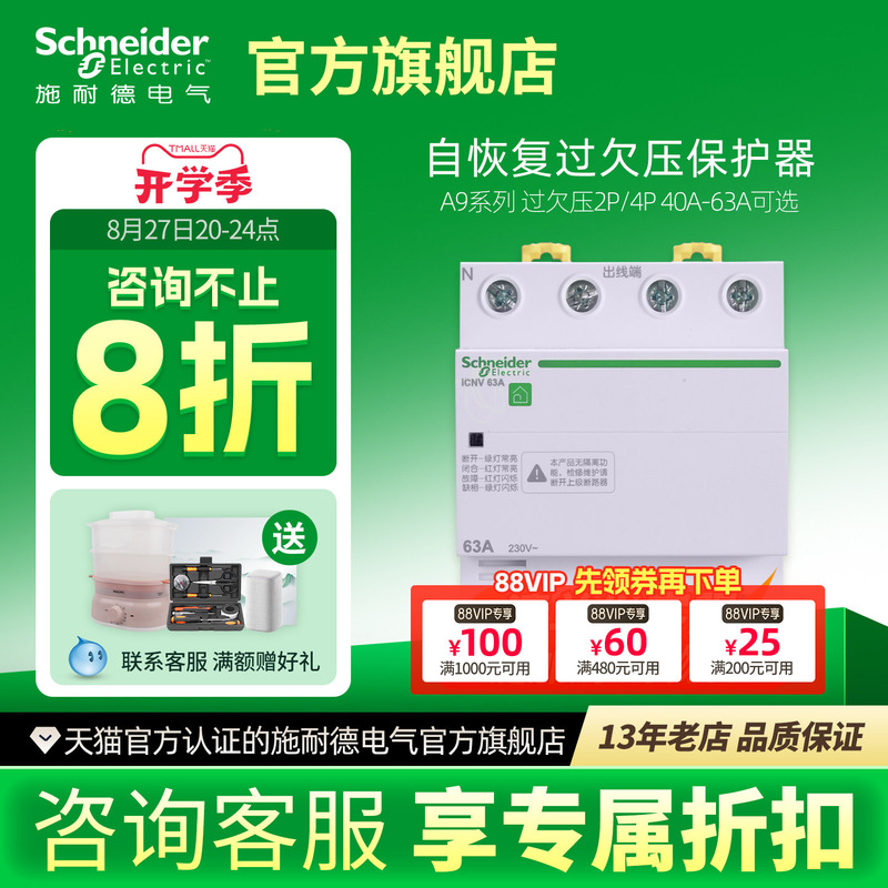 Schneider Self-Restoring Overvoltage and Undervoltage Protector R9A9E9 2P Overvoltage and Undervoltage Automatic Reset 40A/63A/80A