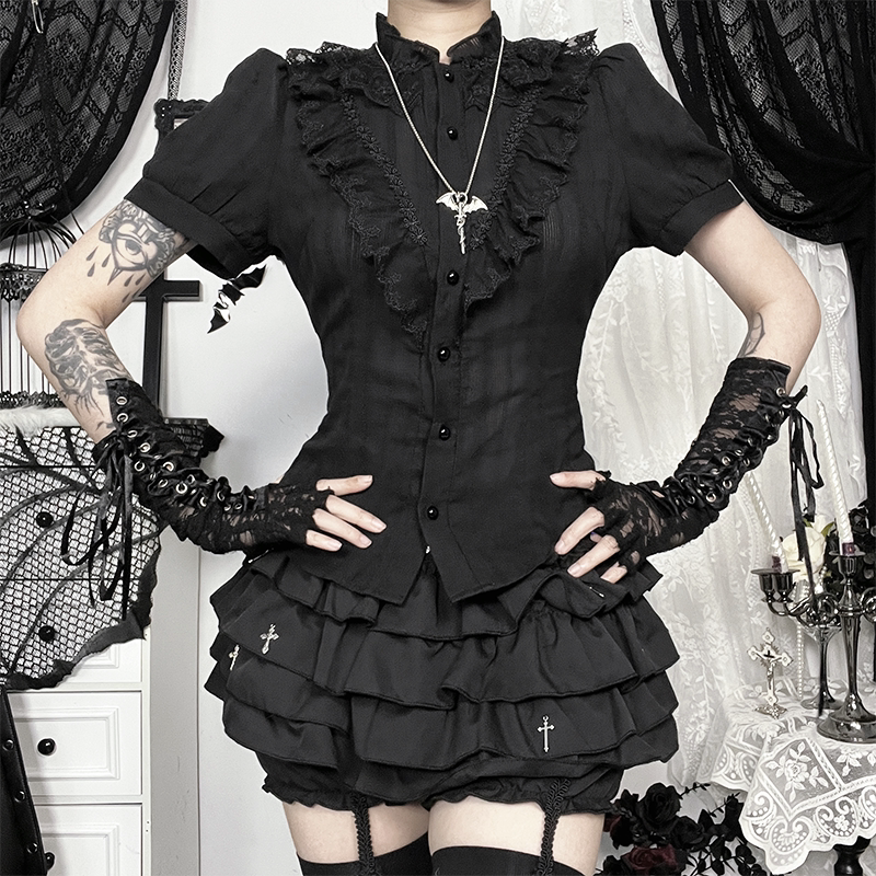 Wannathis Gothic Shirt Black Short-Sleeved Gothic Style Women's Clothing Y2K Top Subculture Outfit Hot Girl Wannathis Gothic Shirt Black Short-Sleeved Gothic Style Women's Clothing Y2K Top Subculture Outfit Hot Girl