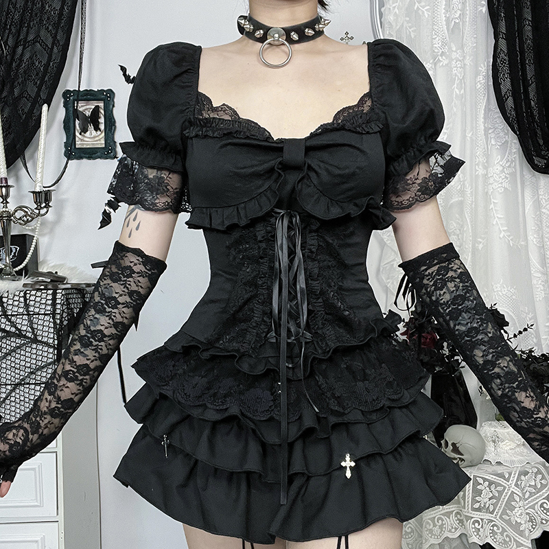 Wannathis Dark Gothic Short-Sleeved Top Subculture Yabi Spicy Girl Palace Style Shirt Tutu Skirt