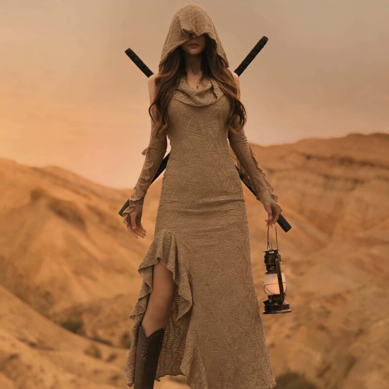 Wannathis Dune Wasteland Style Dress Exotic Hooded Travel Long Dress Slim Fit Textured Skirt