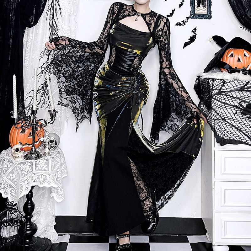 Wannathis Dark Gothic Style Black Lace Dress for Halloween Costume with Witch Batwing Sleeves