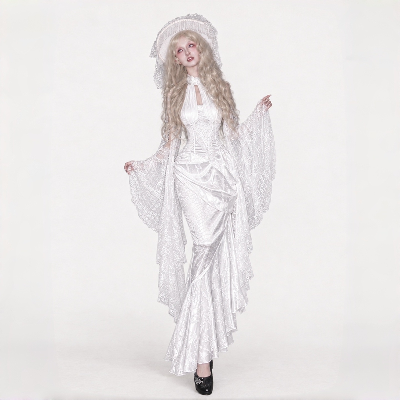 Wannathis Gothic Style White Lace Evening Dress V-Neck Slim Long Dress Halloween Cosplay Dress