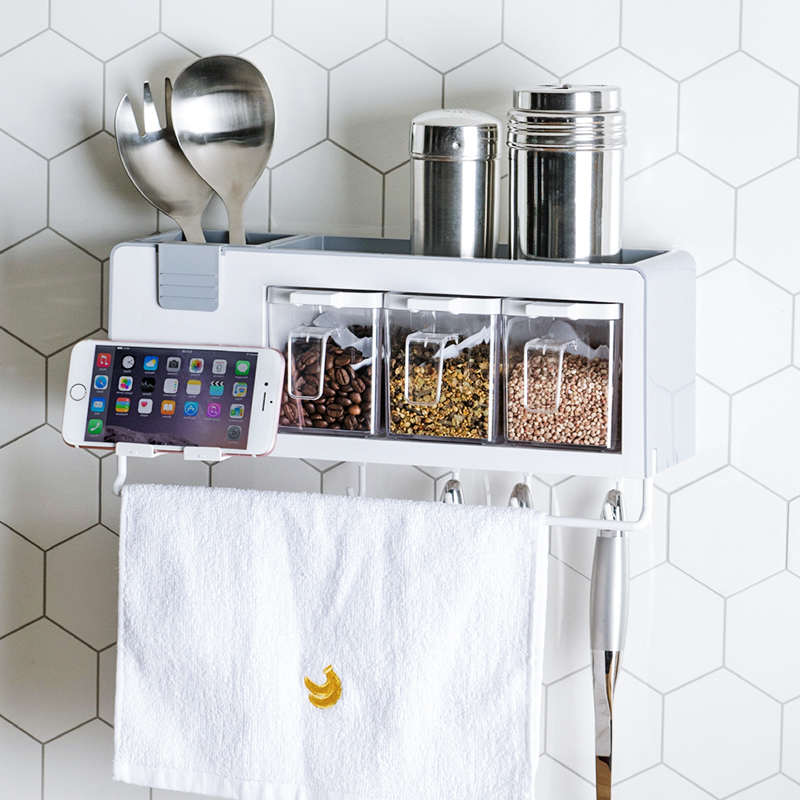 Kitchen Shelve Seasoning Containing Layer Rack Wall-mounted Seasoning Hanger Free of perforated Home Large full condiment containing box
