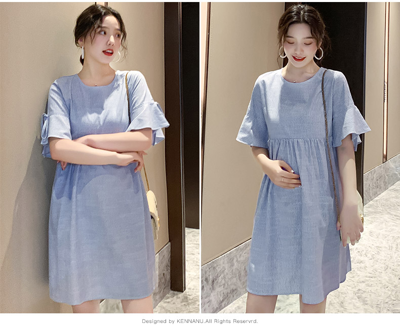 Váy bà bầu sọc hè cho con bú Bà bầu mặc áo dài mùa hè tay ngắn 2019 Váy bà bầu mới - Áo thai sản các kiểu áo bầu đẹp