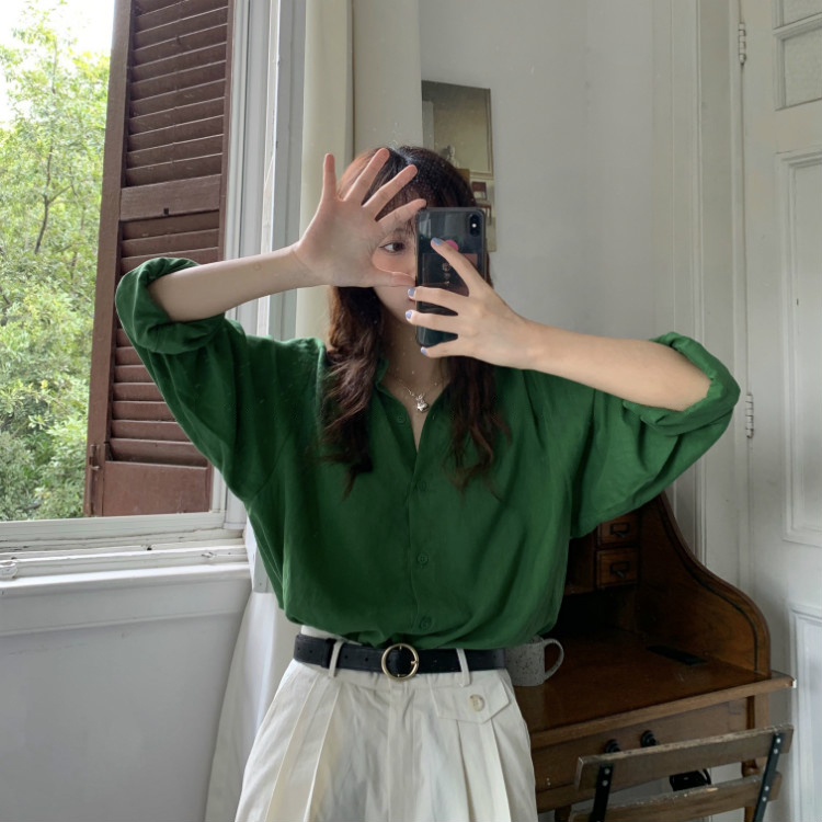 2025 New Korean Style Spring and Summer Thin Long-Sleeved Sun-Protective Dark Green Shirt for Women, Pure Cotton Loose-Fitting Base Shirt 2025 New Korean Style Spring and Summer Thin Long-Sleeved Sun-Protective Dark Green Shirt for Women, Pure Cotton Loose-Fitting Base Shirt