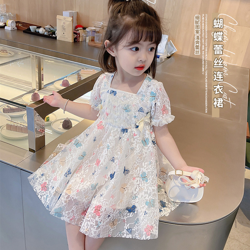 Girls summer fluffy gauze princess dress new Western style children's puff sleeve dress baby Korean version of the lace gauze skirt