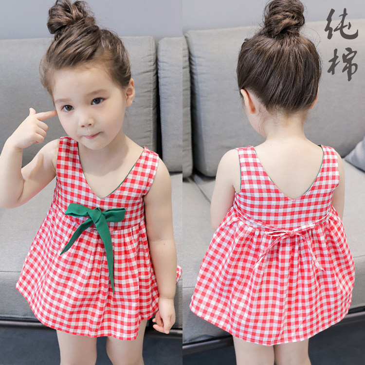 Girls' cotton dress summer thin vest plaid skirt sleeveless bow Western style holiday style baby suspender skirt