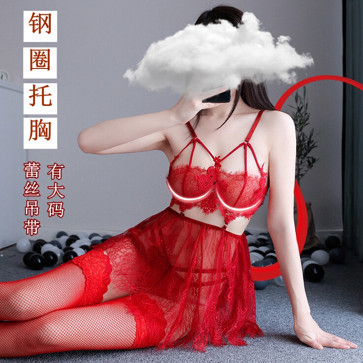 Love lace red large yards fat mm seduction suit female pajamas hot perspective hollow skirt skirt