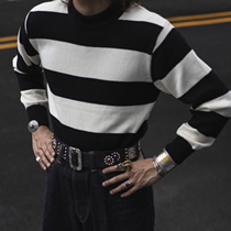 Chai Mi American retro prisoner black and white striped half-high collar heavy sweater sweater pure cotton autumn and winter Ami Khaki