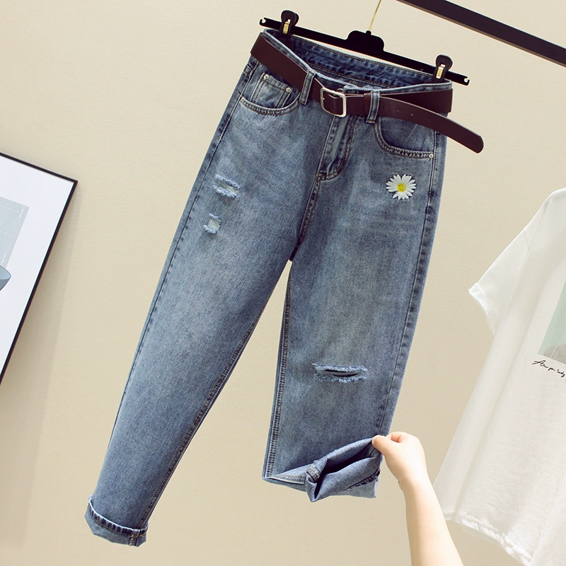 Quần jeans rách của phụ nữ 2020 xuân hè mới thắt lưng cao da cúc chín điểm Quần Harlan thẳng bố - Cộng với kích thước quần áo