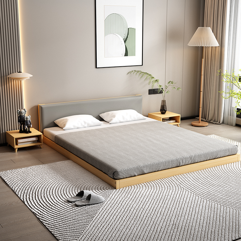 Tatami Double Solid Wood Bed, Simple Upholstered Bed, Guesthouse Hotel Bed, Master Bedroom Floor Bed, Japanese-Style Platform Bed, Low Bed