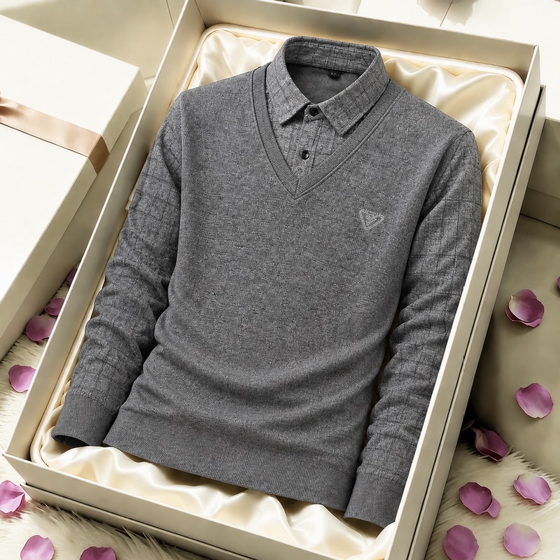2026 Winter Long-Sleeved Men's Fake Two-Piece Shirt Collar Fleece-Lined Polo Collar Knitwear Sweater Warm Base Layer Shirt 2026 Winter Long-Sleeved Men's Fake Two-Piece Shirt Collar Fleece-Lined Polo Collar Knitwear Sweater Warm Base Layer Shirt