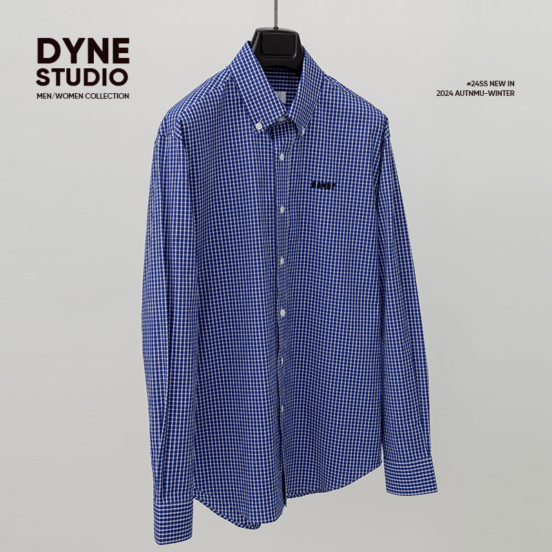 Dyne Studio Miu Style Vintage College Style Blue Plaid Long-Sleeved Shirt for Men and Women 8832