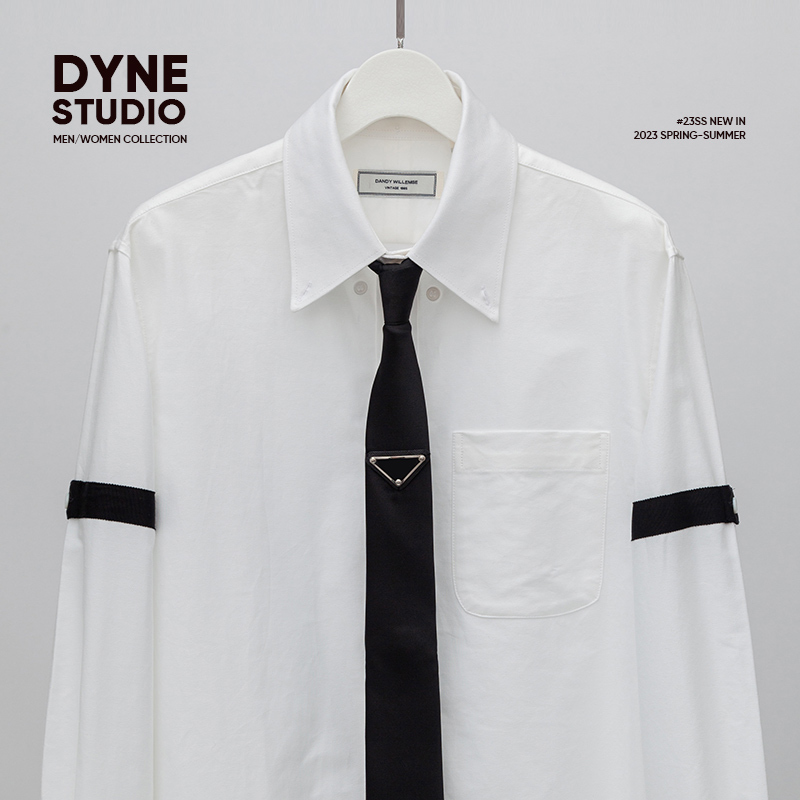 Dyne Studio Celebrity-Style White Oxford Fabric Long-Sleeved Shirt with Black Webbing Cuffs 8982