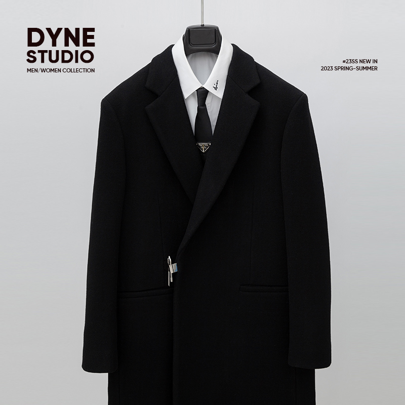 Dyne Studio High-Quality Black Wool Long Coat with Clasp, Unisex Jacket for Men 8959