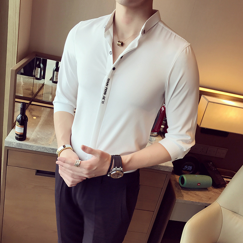 Men's three-quarter sleeve shirt summer thin ice silk short-sleeved shirt British style ruffian handsome embroidered inch shirt Korean trend