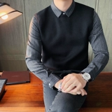 Комплект, рубашка, демисезонный свитер, мужской трикотажный пиджак классического кроя в английском стиле, имитация рубашки, облегающий крой, в британском стиле