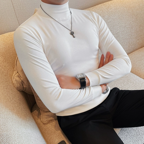 Демисезонный осенний однотонный трендовый приятный телу лонгслив для отдыха, высокий воротник, облегающий крой