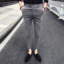 Nine-point casual pants mens spring and autumn trousers slim feet Plaid small trousers Korean version of the trend British suit suit pants