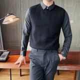 Комплект, рубашка, демисезонный свитер, мужской трикотажный пиджак классического кроя в английском стиле, имитация рубашки, облегающий крой, в британском стиле