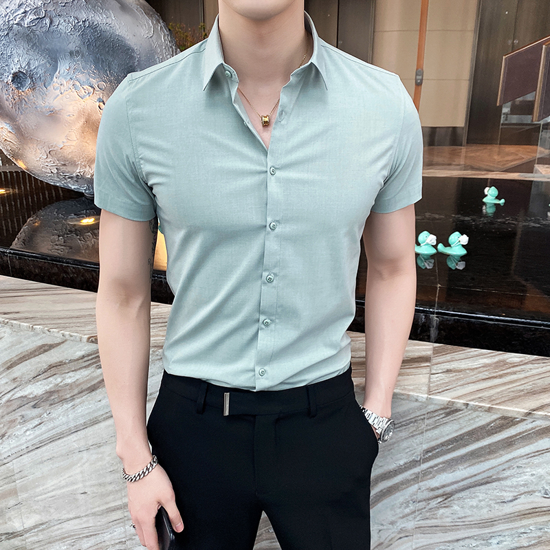 Short sleeved pure color shirt men summer Korean edition trendy handsome men dress shirt business leisure English wind men