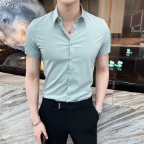 Short sleeve pure color shirt male summer Korean version trend handsome men sashimi dressing business casual Inn wind mens clothing