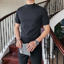 Spring and Autumn New Half High Collar Short Sleeve T-shirt Men Korean Trend Double Ninth Collar Mens base shirt Leisure Joker