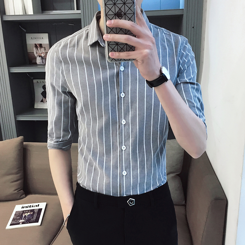 Summer striped shirt male 70%-sleeve Inron Korean version trendy short sleeve shirt swarm with a mid-sleeve shirt