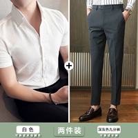 Белый топ + темно-серые брюки [подходящий костюм]