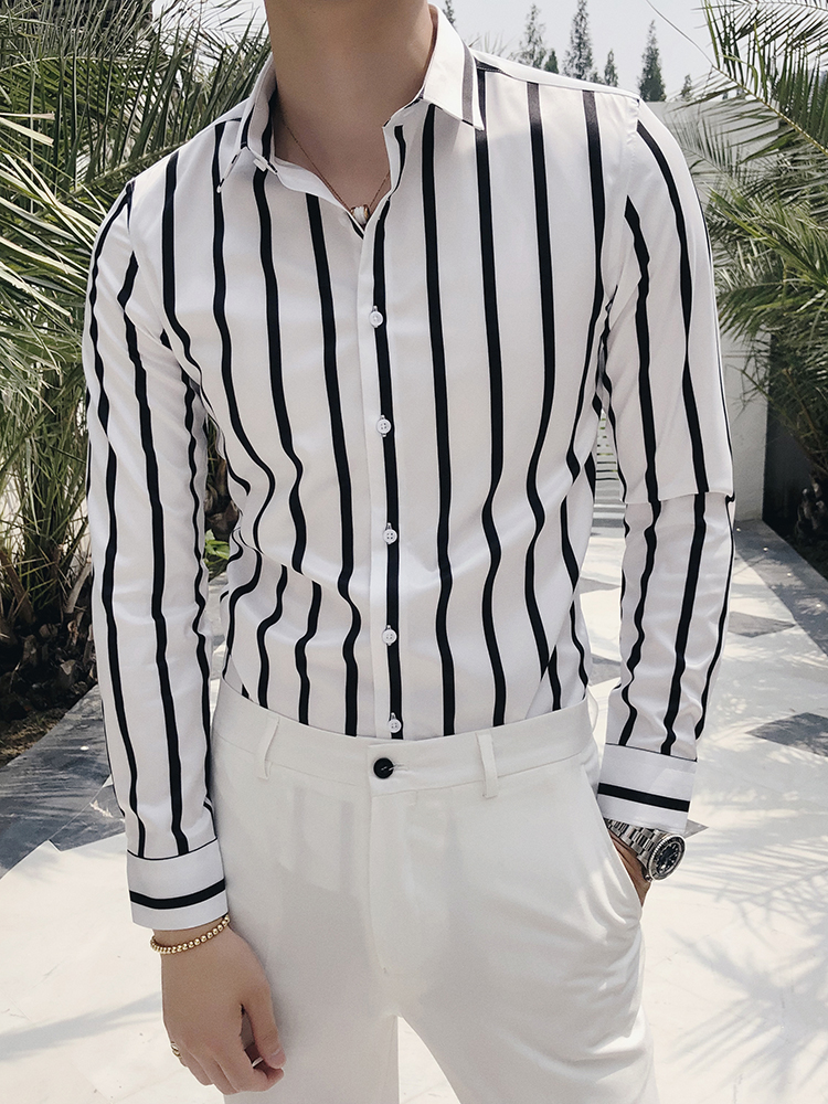 2020 new British striped shirt men's long-sleeved Korean version of the trend handsome slim-fitting hair stylist tide brand casual shirt