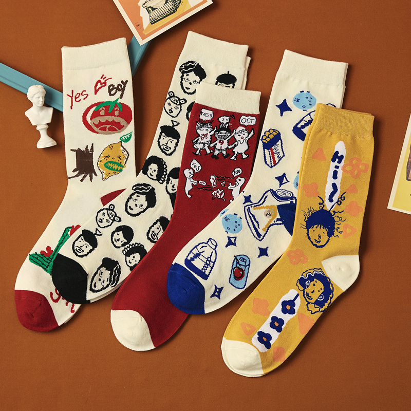 Women's Mid-Calf Socks, Cute Japanese-Style Cartoon Long Socks for Autumn and Winter, Trendy Illustration Student Long Socks