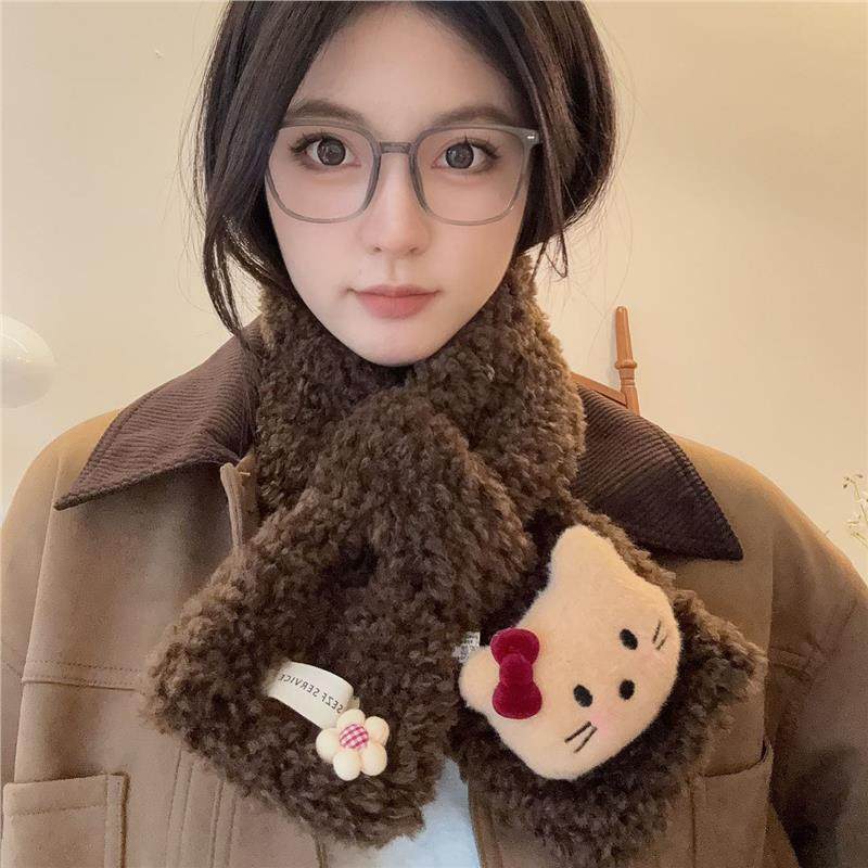 Furry Scarf Korean Style Cute Cat Lamb Wool Cross Neck Scarf for Female Students Winter Scarf Angora Red