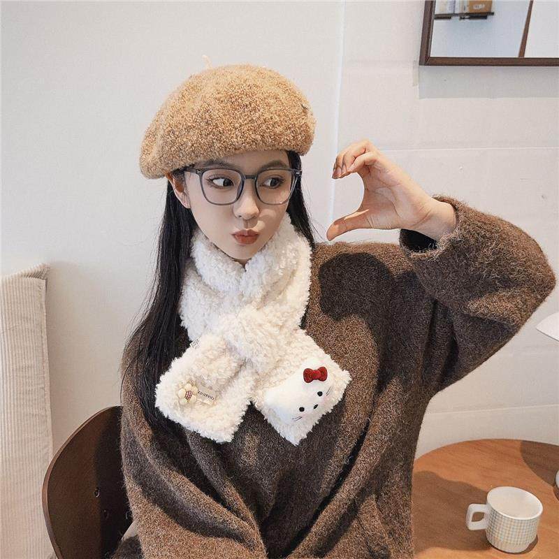 Furry Scarf Korean Style Cute Cat Lamb Wool Cross Neck Scarf for Female Students Winter Scarf Angora Red