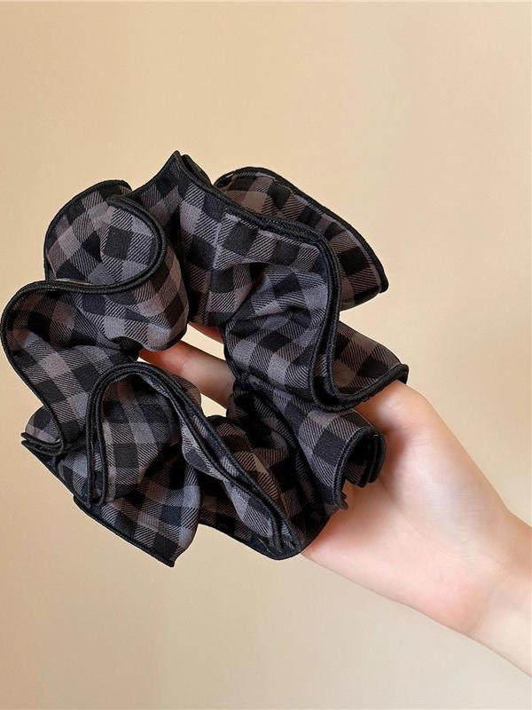Korean-Style Plaid Fabric Scrunchie with a High-End Feel, Four-Layered Edge-Locking Hair Tie, Vintage High-Elasticity Hair Band for Women