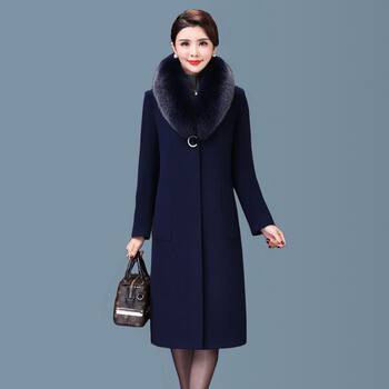 Women's fox large fur collar cashmere coat mid-length large size