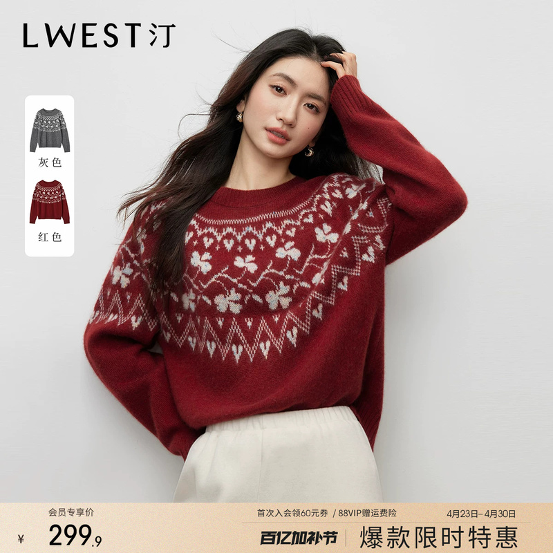Langwenstin Red Atmospheric Sweater for Women 2025 Winter New Fashion Fair Isle Jacquard Knit Top